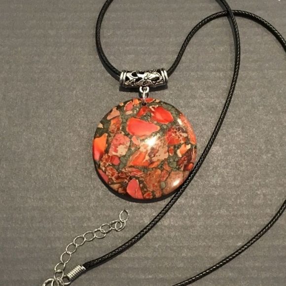 M Orange Grey Jasper Pyrite Pendant on Waxed Necklace w/ Lobster Claw Clasp - Picture 5 of 9